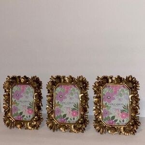 LAURA ASHLEY 4x6” GOLD CARVED ETCHED SUNFLOWERS FLORAL 3 PICTURE FRAME SET NWT